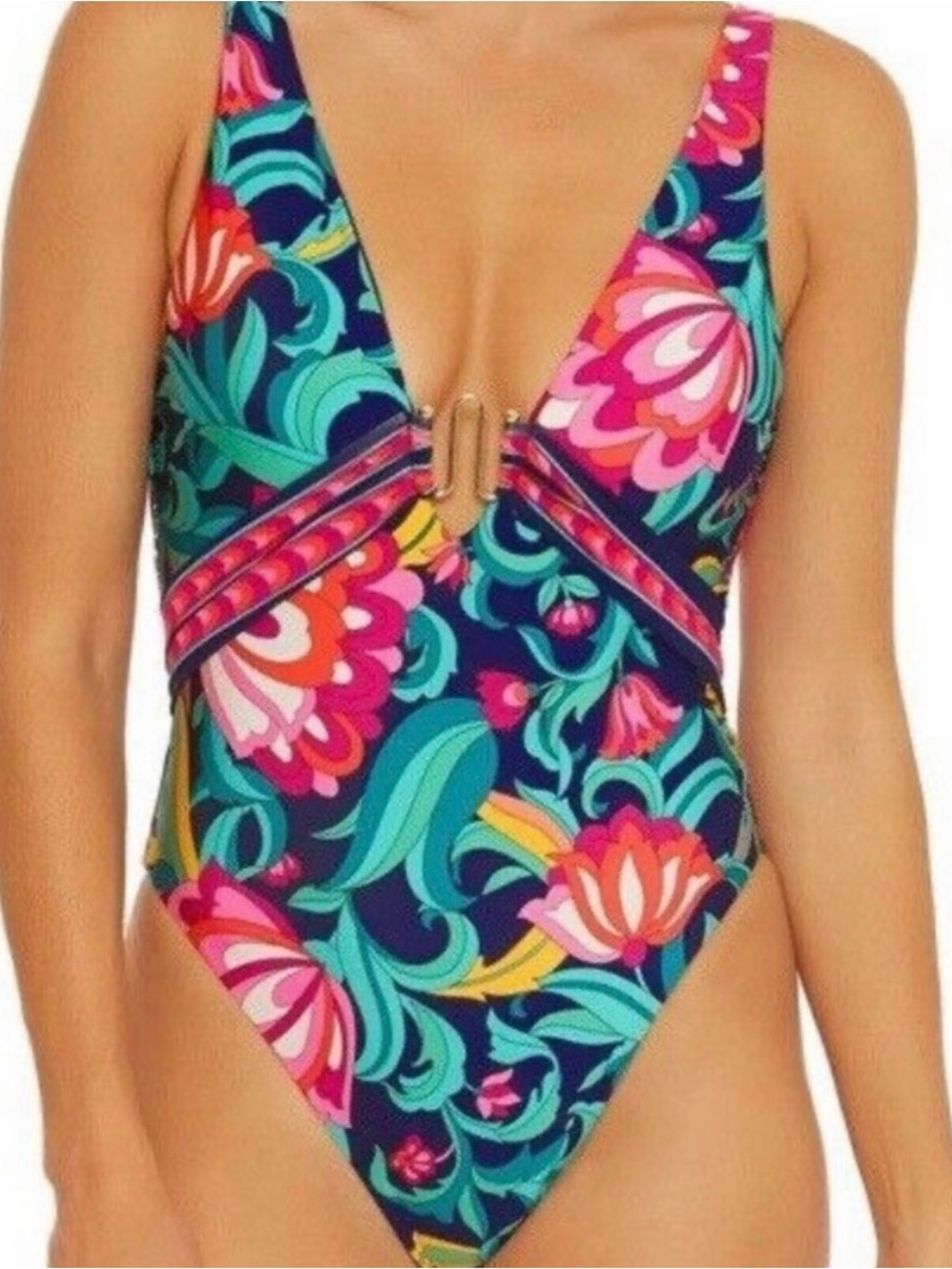 Trina Turk Navy Floral One-Piece Swimsuit with Teal and Pink Accents